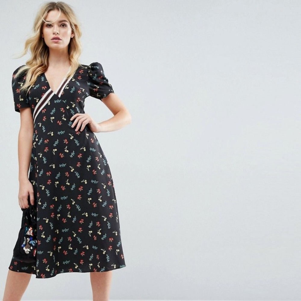 ASOS floral Ditsy print Midi Dress puff sleeve 12